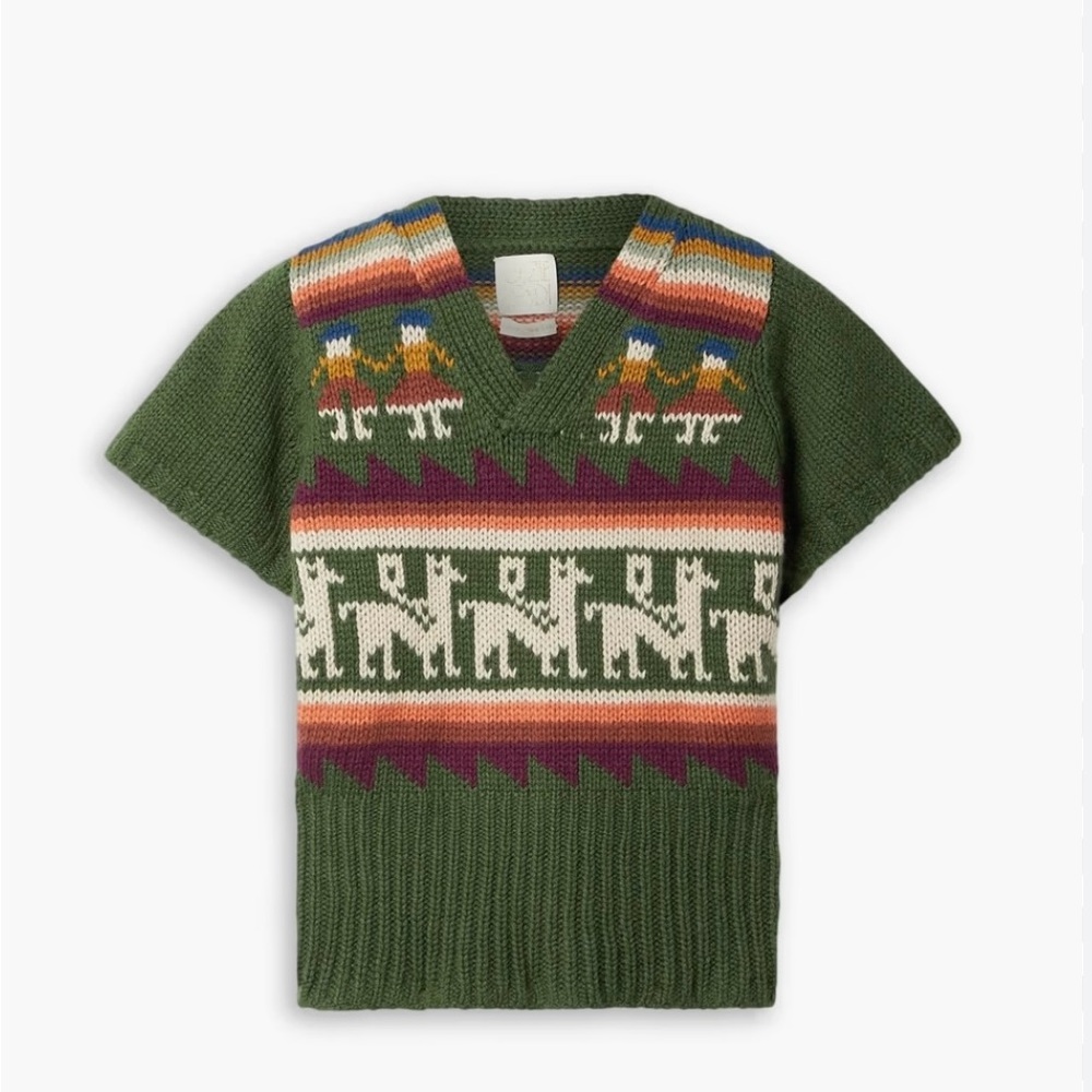 NWT Suzie Kondi Cashmere Pullover Sweater Intarsia Knit Green XS